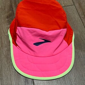 Brooks Pink and Red Running Cap with Neon Trim Lightweight Packable Hat